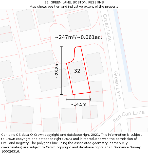 32, GREEN LANE, BOSTON, PE21 9NB: Plot and title map