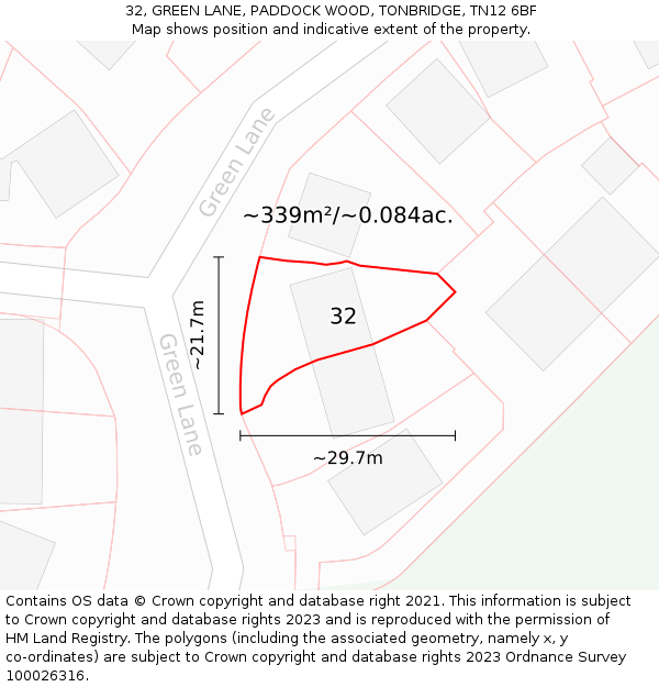 32, GREEN LANE, PADDOCK WOOD, TONBRIDGE, TN12 6BF: Plot and title map