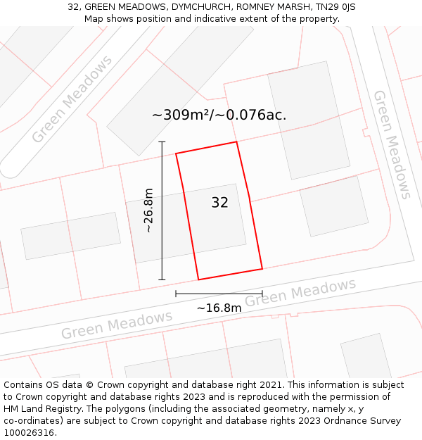 32, GREEN MEADOWS, DYMCHURCH, ROMNEY MARSH, TN29 0JS: Plot and title map