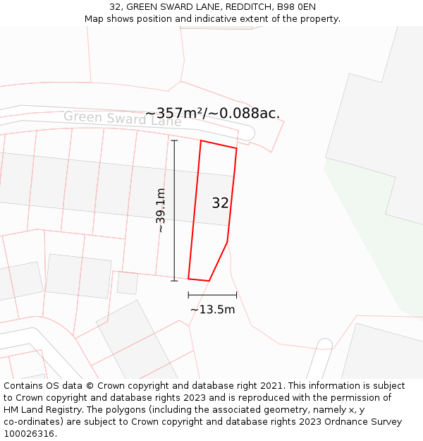 32, GREEN SWARD LANE, REDDITCH, B98 0EN: Plot and title map