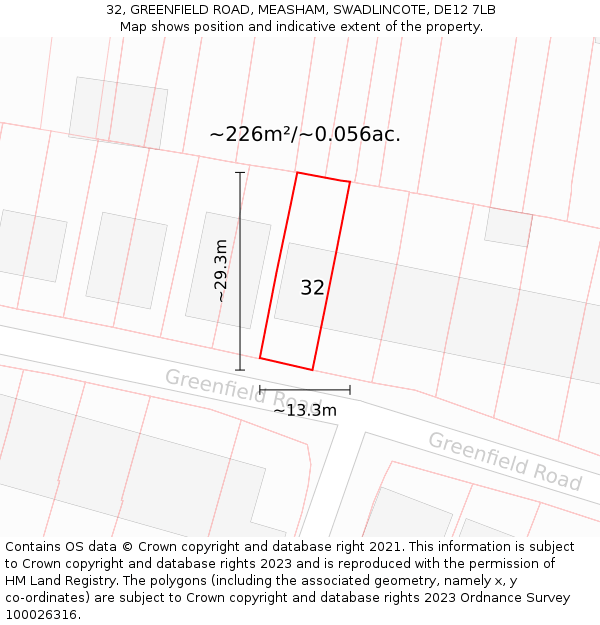 32, GREENFIELD ROAD, MEASHAM, SWADLINCOTE, DE12 7LB: Plot and title map