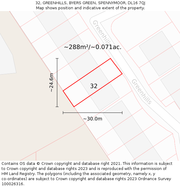 32, GREENHILLS, BYERS GREEN, SPENNYMOOR, DL16 7QJ: Plot and title map