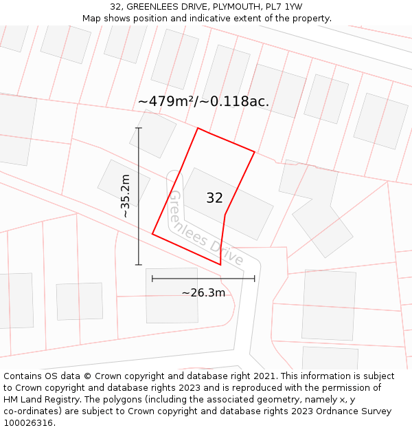 32, GREENLEES DRIVE, PLYMOUTH, PL7 1YW: Plot and title map