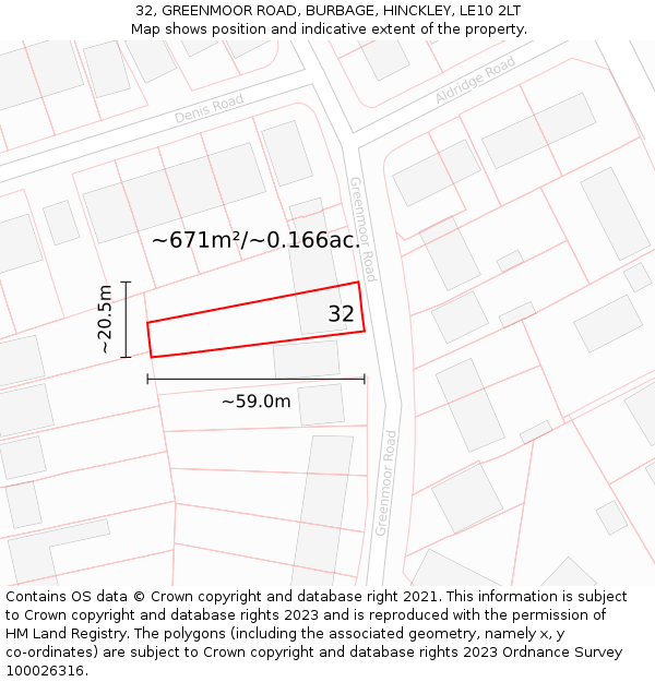 32, GREENMOOR ROAD, BURBAGE, HINCKLEY, LE10 2LT: Plot and title map