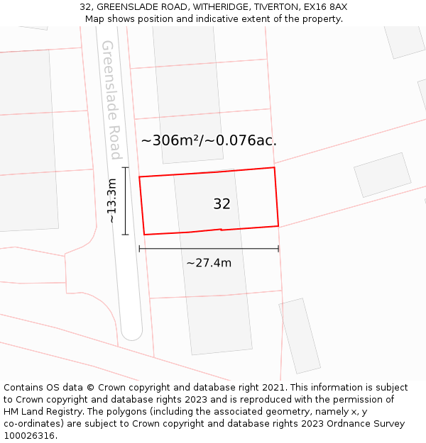 32, GREENSLADE ROAD, WITHERIDGE, TIVERTON, EX16 8AX: Plot and title map