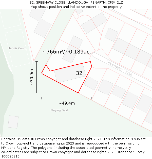 32, GREENWAY CLOSE, LLANDOUGH, PENARTH, CF64 2LZ: Plot and title map