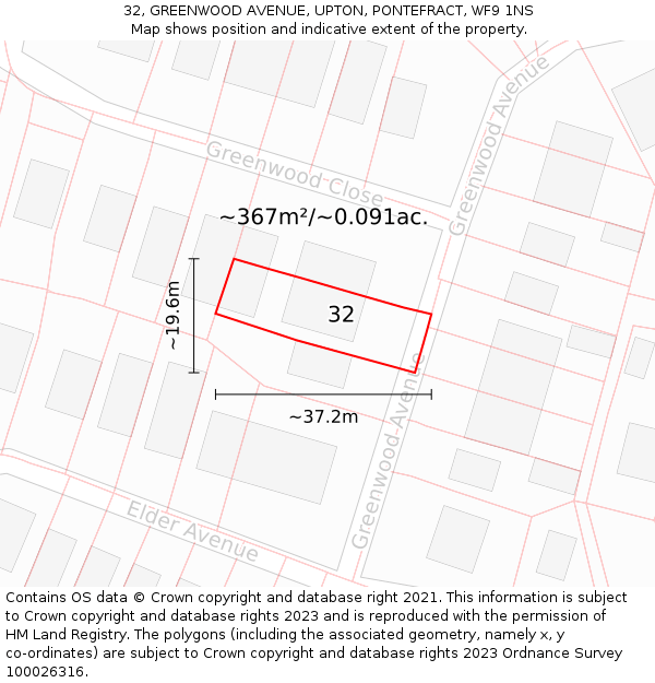 32, GREENWOOD AVENUE, UPTON, PONTEFRACT, WF9 1NS: Plot and title map