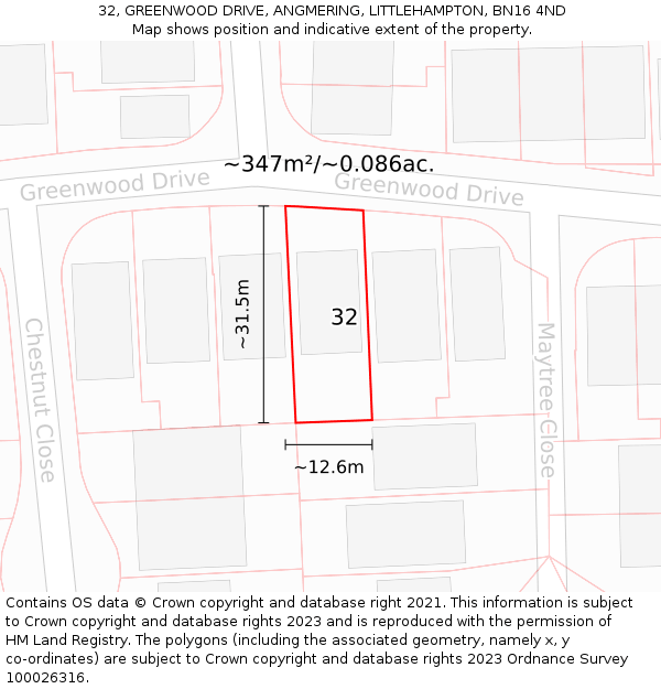 32, GREENWOOD DRIVE, ANGMERING, LITTLEHAMPTON, BN16 4ND: Plot and title map