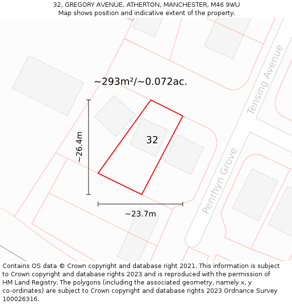 32, GREGORY AVENUE, ATHERTON, MANCHESTER, M46 9WU: Plot and title map