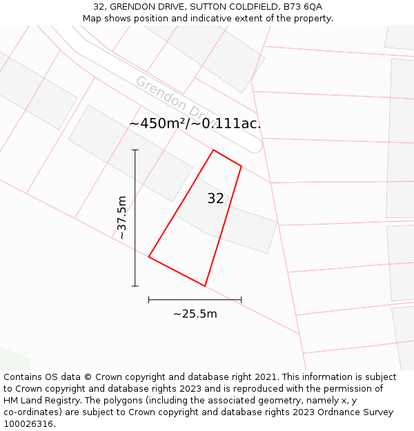 32, GRENDON DRIVE, SUTTON COLDFIELD, B73 6QA: Plot and title map