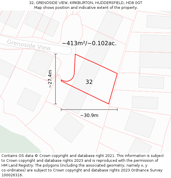 32, GRENOSIDE VIEW, KIRKBURTON, HUDDERSFIELD, HD8 0GT: Plot and title map