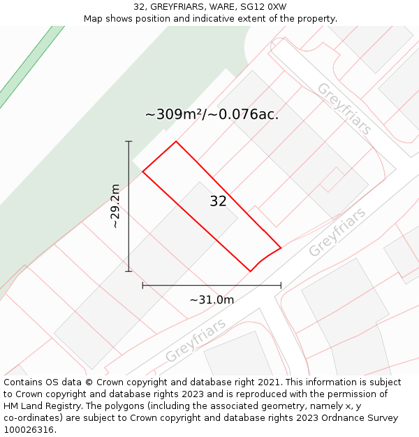 32, GREYFRIARS, WARE, SG12 0XW: Plot and title map