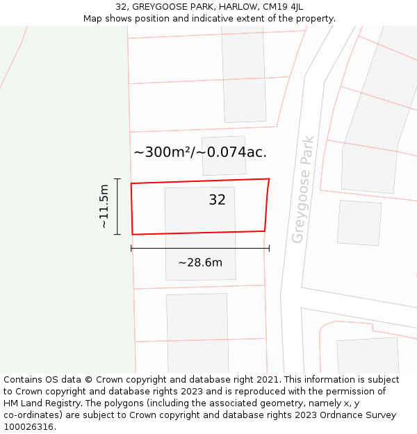 32, GREYGOOSE PARK, HARLOW, CM19 4JL: Plot and title map