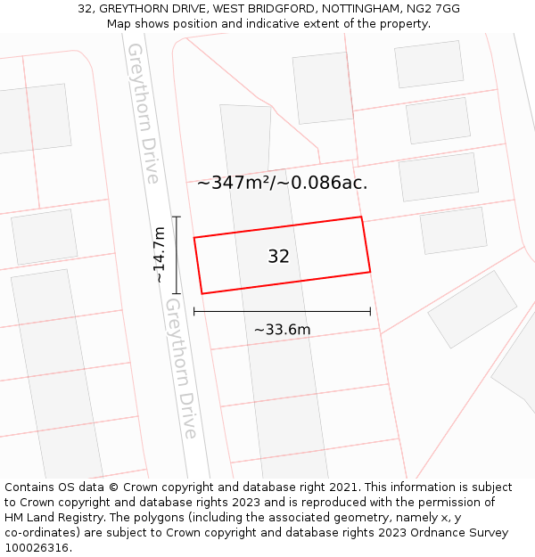 32, GREYTHORN DRIVE, WEST BRIDGFORD, NOTTINGHAM, NG2 7GG: Plot and title map