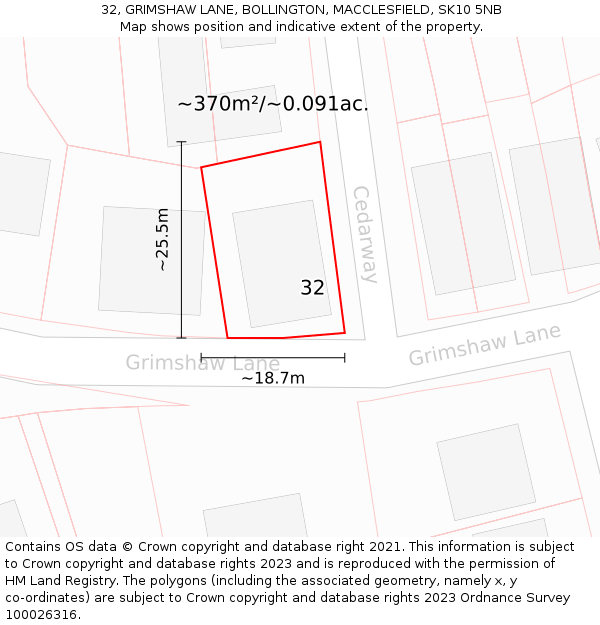 32, GRIMSHAW LANE, BOLLINGTON, MACCLESFIELD, SK10 5NB: Plot and title map