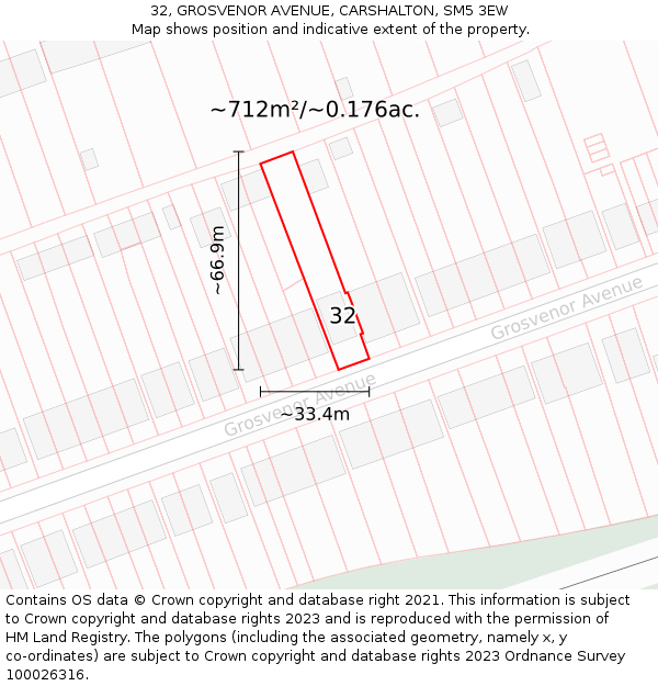 32, GROSVENOR AVENUE, CARSHALTON, SM5 3EW: Plot and title map