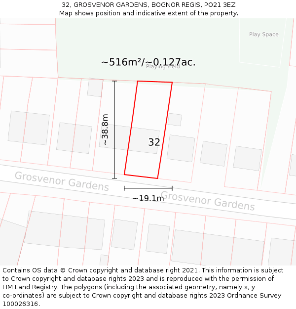 32, GROSVENOR GARDENS, BOGNOR REGIS, PO21 3EZ: Plot and title map