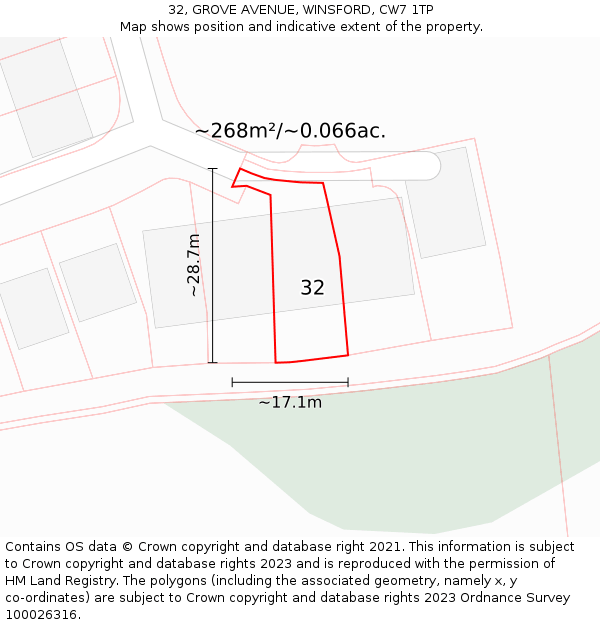 32, GROVE AVENUE, WINSFORD, CW7 1TP: Plot and title map
