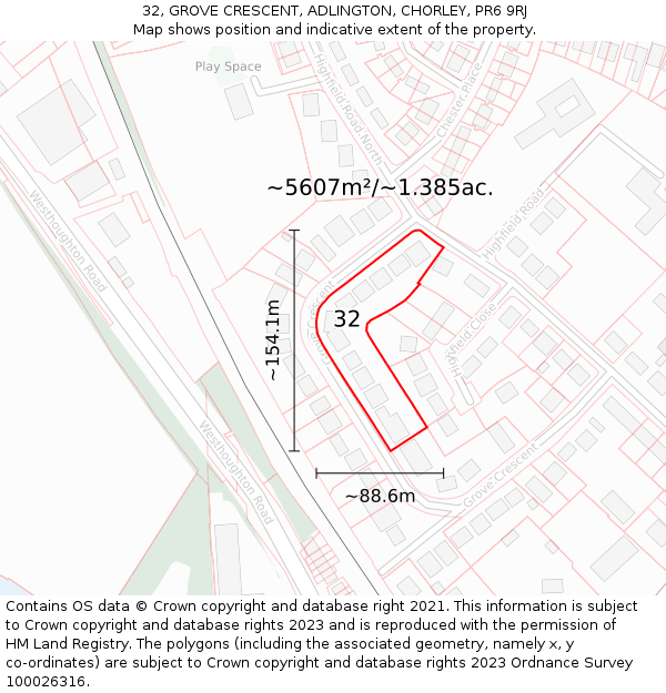 32, GROVE CRESCENT, ADLINGTON, CHORLEY, PR6 9RJ: Plot and title map