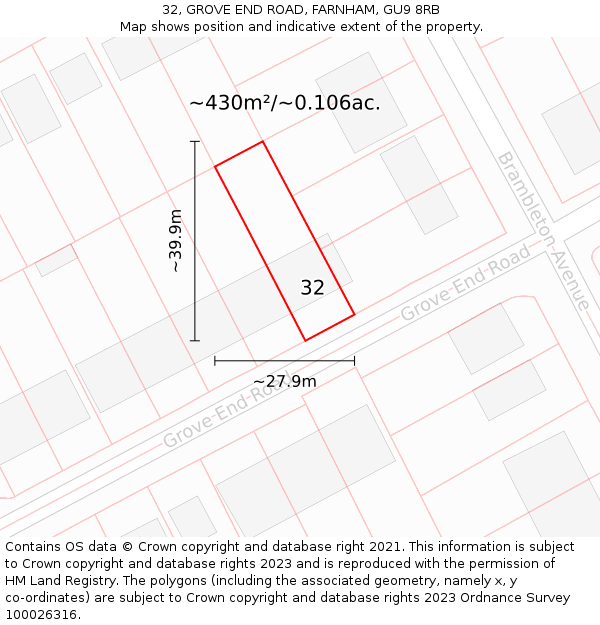 32, GROVE END ROAD, FARNHAM, GU9 8RB: Plot and title map