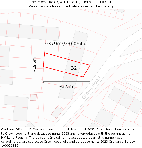 32, GROVE ROAD, WHETSTONE, LEICESTER, LE8 6LN: Plot and title map