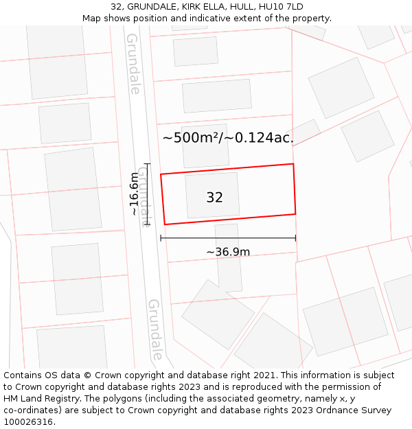 32, GRUNDALE, KIRK ELLA, HULL, HU10 7LD: Plot and title map