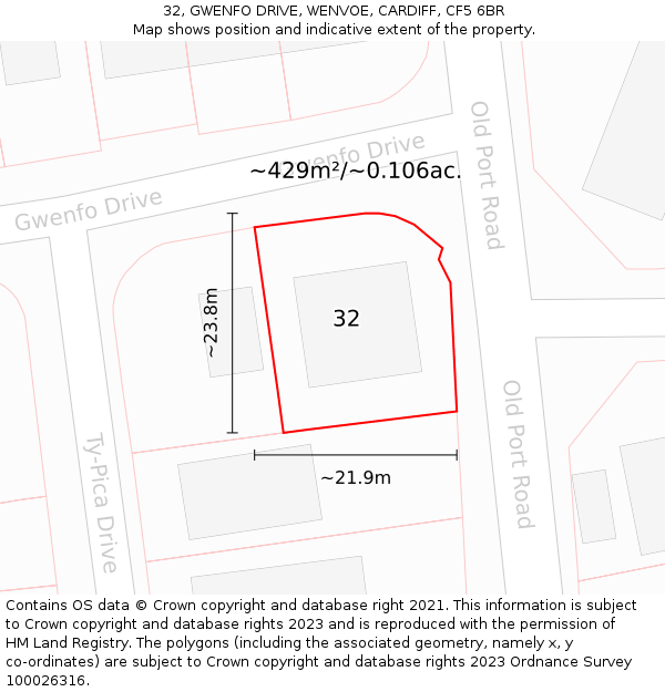 32, GWENFO DRIVE, WENVOE, CARDIFF, CF5 6BR: Plot and title map