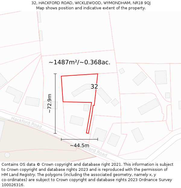 32, HACKFORD ROAD, WICKLEWOOD, WYMONDHAM, NR18 9QJ: Plot and title map