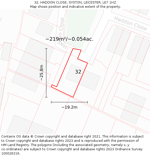 32, HADDON CLOSE, SYSTON, LEICESTER, LE7 1HZ: Plot and title map