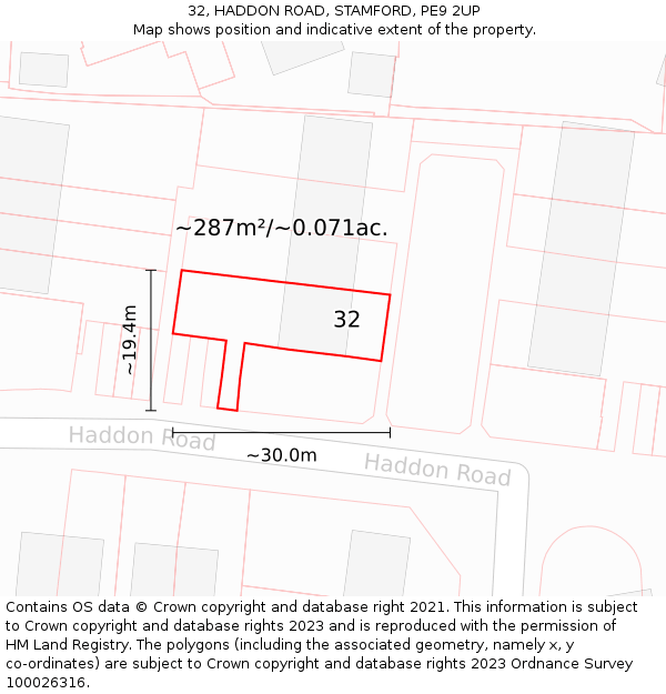 32, HADDON ROAD, STAMFORD, PE9 2UP: Plot and title map