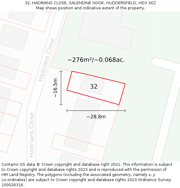 32, HADRIANS CLOSE, SALENDINE NOOK, HUDDERSFIELD, HD3 3XZ: Plot and title map