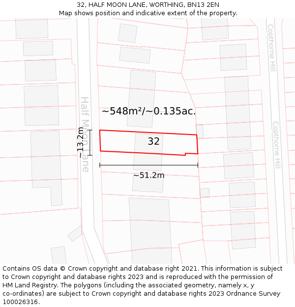 32, HALF MOON LANE, WORTHING, BN13 2EN: Plot and title map