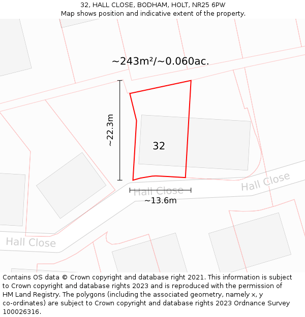32, HALL CLOSE, BODHAM, HOLT, NR25 6PW: Plot and title map