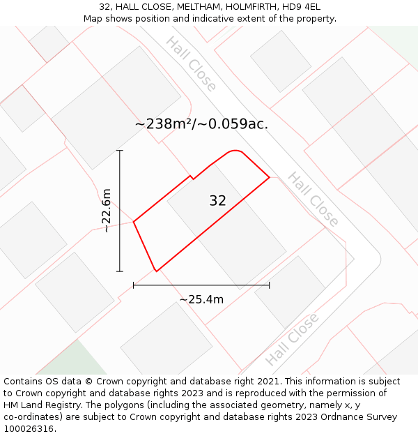 32, HALL CLOSE, MELTHAM, HOLMFIRTH, HD9 4EL: Plot and title map
