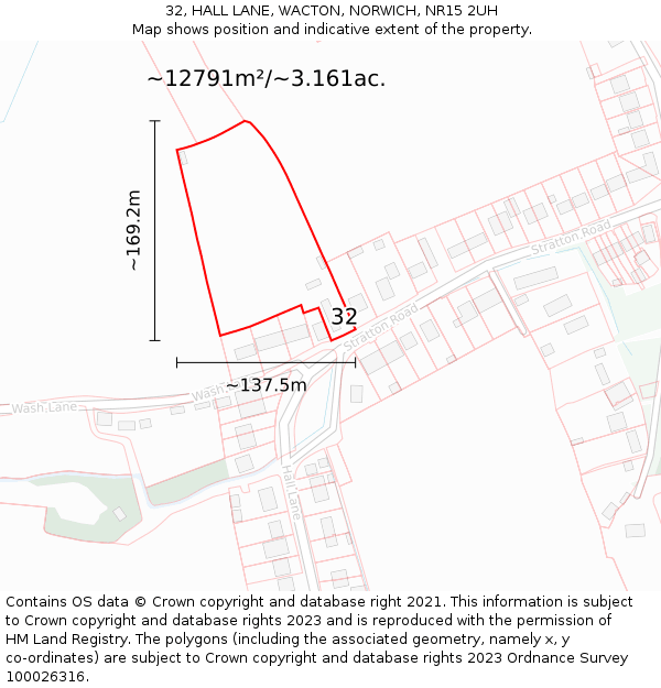 32, HALL LANE, WACTON, NORWICH, NR15 2UH: Plot and title map