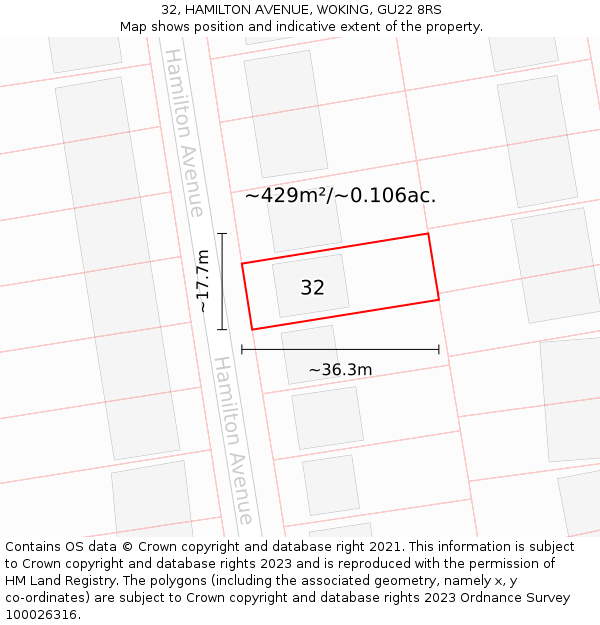 32, HAMILTON AVENUE, WOKING, GU22 8RS: Plot and title map