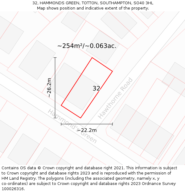 32, HAMMONDS GREEN, TOTTON, SOUTHAMPTON, SO40 3HL: Plot and title map