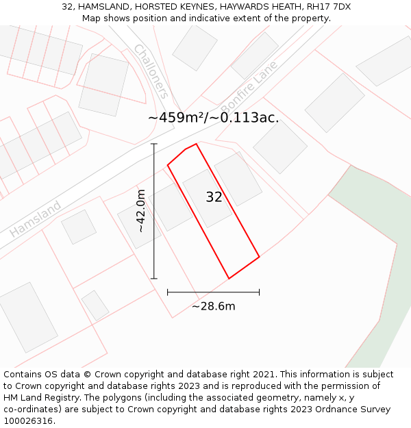 32, HAMSLAND, HORSTED KEYNES, HAYWARDS HEATH, RH17 7DX: Plot and title map