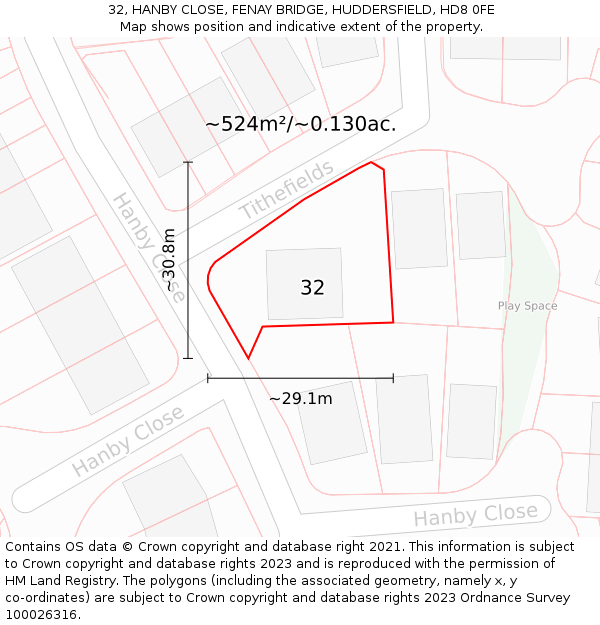 32, HANBY CLOSE, FENAY BRIDGE, HUDDERSFIELD, HD8 0FE: Plot and title map
