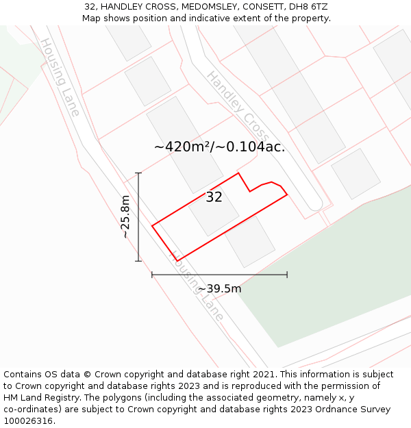 32, HANDLEY CROSS, MEDOMSLEY, CONSETT, DH8 6TZ: Plot and title map