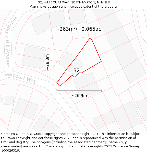 32, HARCOURT WAY, NORTHAMPTON, NN4 8JS: Plot and title map