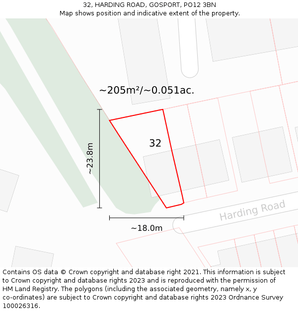 32, HARDING ROAD, GOSPORT, PO12 3BN: Plot and title map