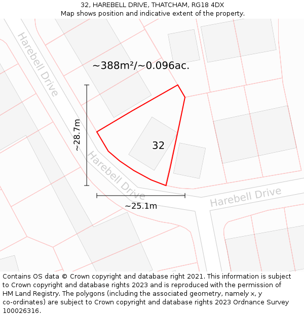 32, HAREBELL DRIVE, THATCHAM, RG18 4DX: Plot and title map