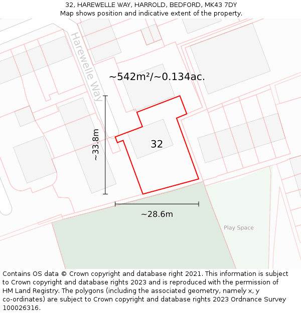 32, HAREWELLE WAY, HARROLD, BEDFORD, MK43 7DY: Plot and title map