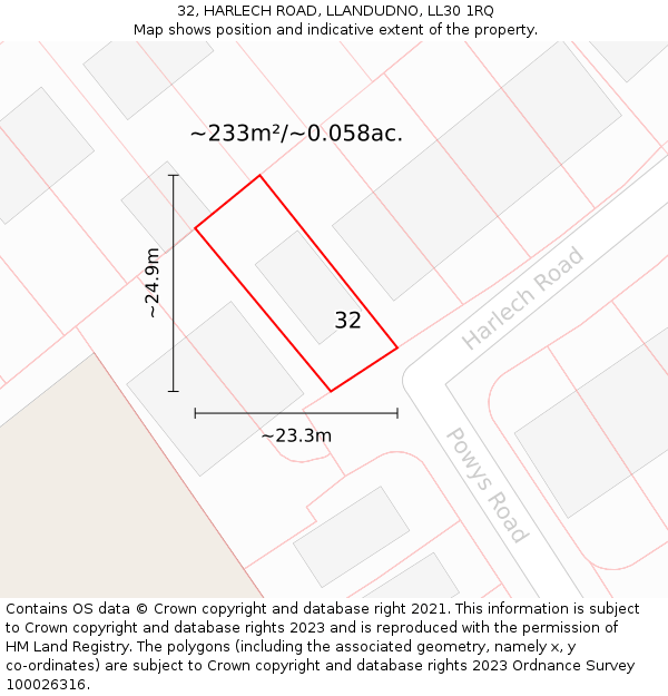 32, HARLECH ROAD, LLANDUDNO, LL30 1RQ: Plot and title map