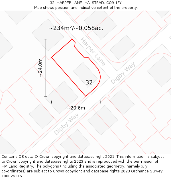 32, HARPER LANE, HALSTEAD, CO9 1FY: Plot and title map