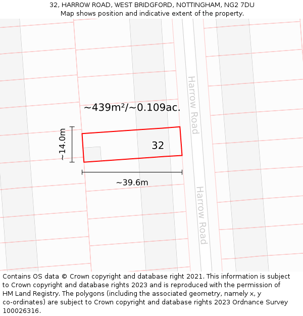 32, HARROW ROAD, WEST BRIDGFORD, NOTTINGHAM, NG2 7DU: Plot and title map