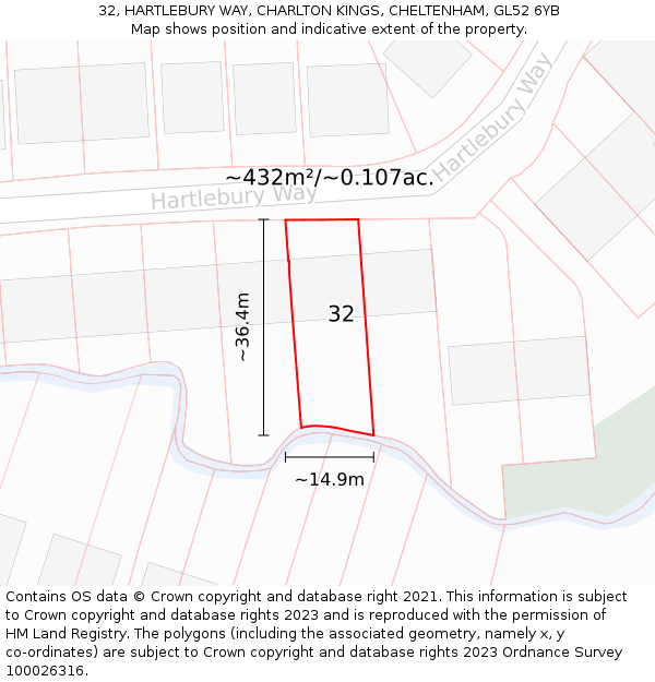 32, HARTLEBURY WAY, CHARLTON KINGS, CHELTENHAM, GL52 6YB: Plot and title map