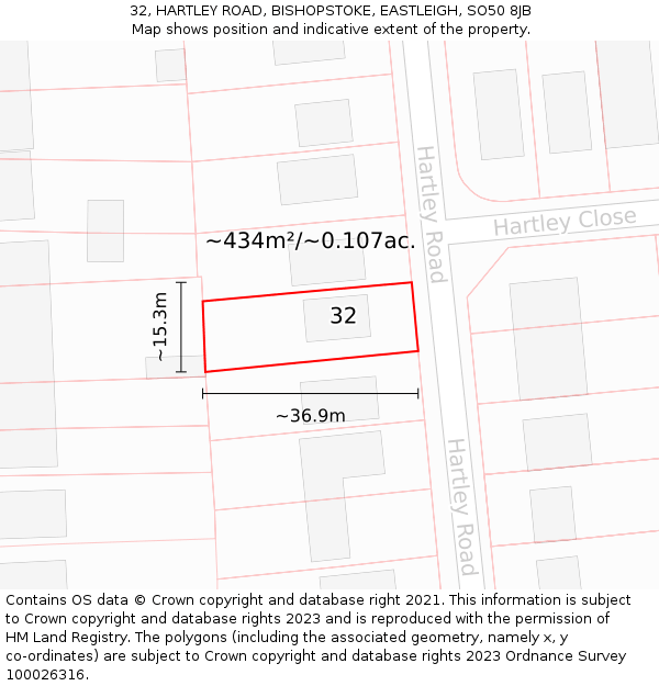 32, HARTLEY ROAD, BISHOPSTOKE, EASTLEIGH, SO50 8JB: Plot and title map