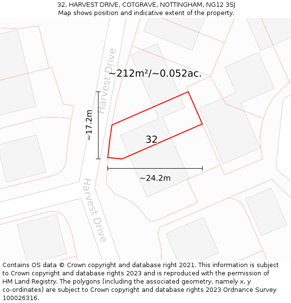 32, HARVEST DRIVE, COTGRAVE, NOTTINGHAM, NG12 3SJ: Plot and title map